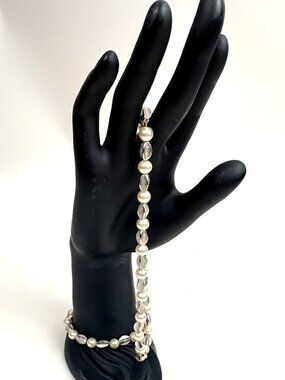 Signed Crown Trifari Faux Pearl & Brushed Silver Tone Bead Necklace Bracelet Par